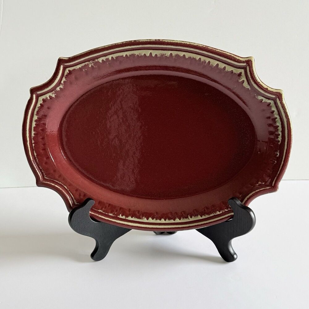 Vintage Bombay Rustic Stoneware Oval Serving Platter Tray Burgundy Green 15"x11"